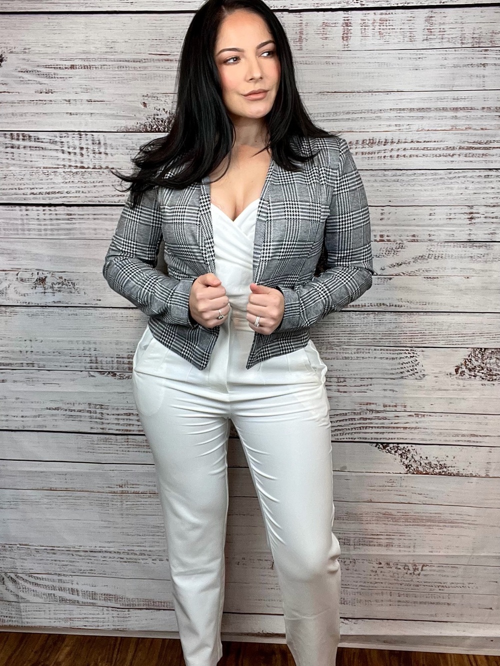 Black & Gray Plaid Open Front Women's Blazer Jacket